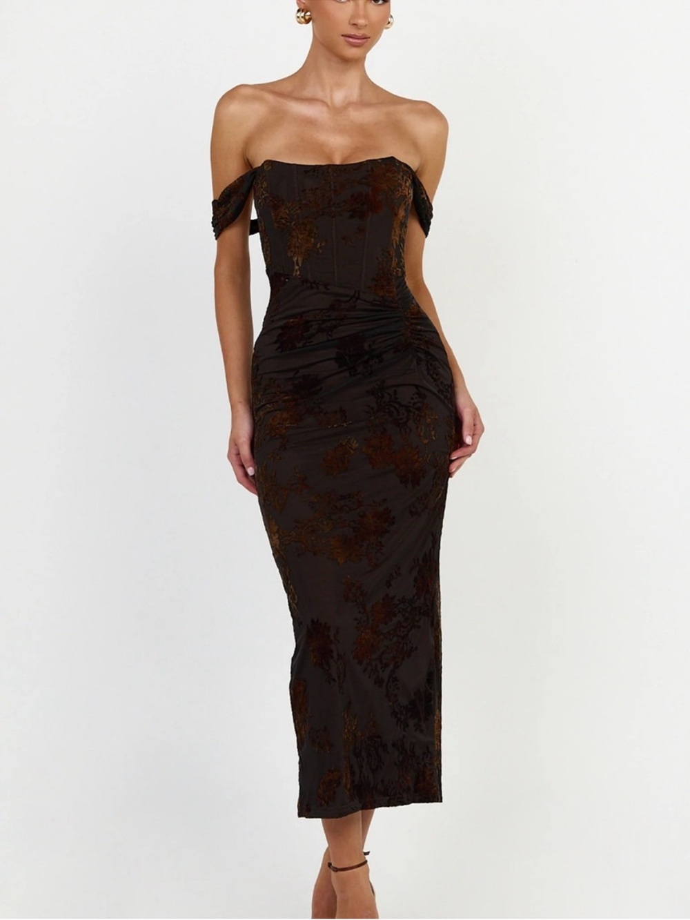 Showpo Off-Shoulder Chocolate Brown Floral Maxi Dress